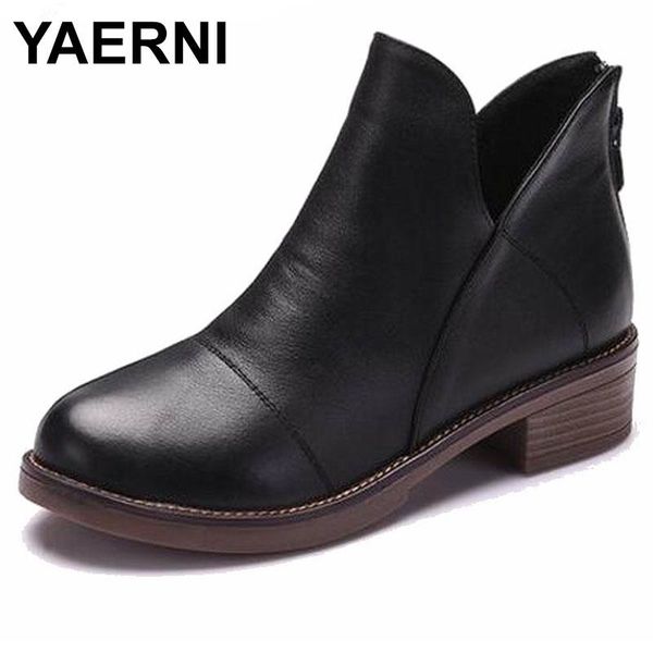 

yaerni 2020 women fashion vintage genuine leather shoes female spring autumn platform ankle boots woman boots for womene691, Black