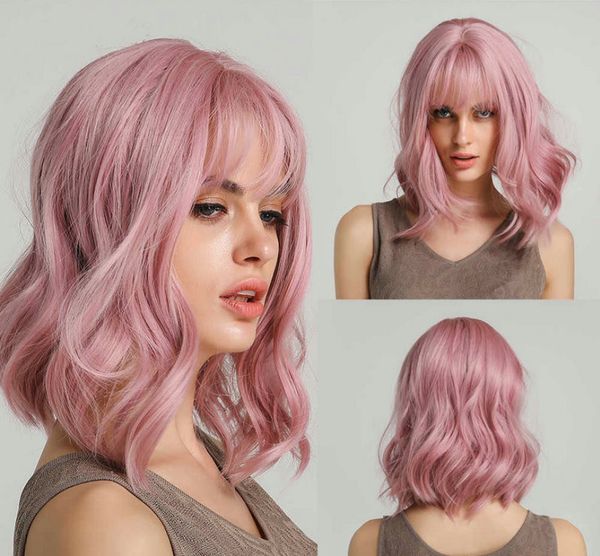 

cigarette pink lovely bobo short curly wig natural lady chemical fiber high-temperature silk wig with bangs full head cover, Black