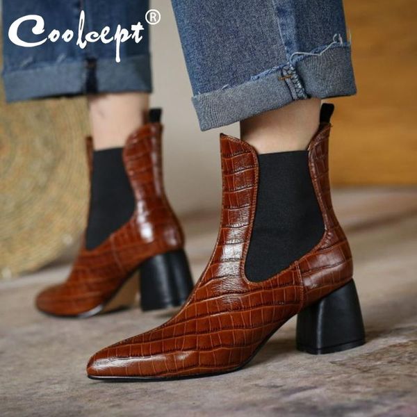 

boots coolcept size 33-40 women ankle genuine leather high heel fashion cool patchwork short woman footwear, Black