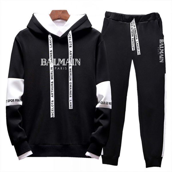 

piece contrast casual color sweater two hooded sports suit autumn winter 2020 new versatile trend men's wear, Gray