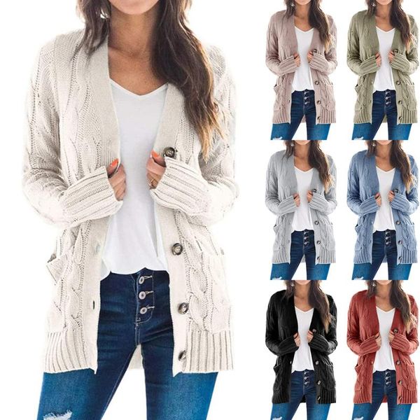 

women's wool & blends autumn and winter casual cardigan plain color twist button sweater coat, Black