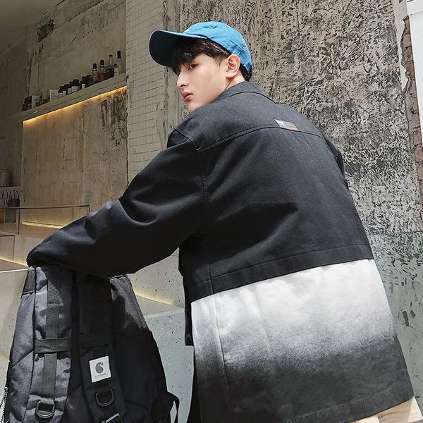 

19 autumn new japanese korean couple explosion models gradient matching color tooling loose casual men's jacket1, Black;brown