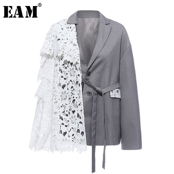

[eam] women gray lace bandage split joint blazer new lapel long sleeve loose fit jacket fashion tide spring autumn 2020 lj201212, White;black
