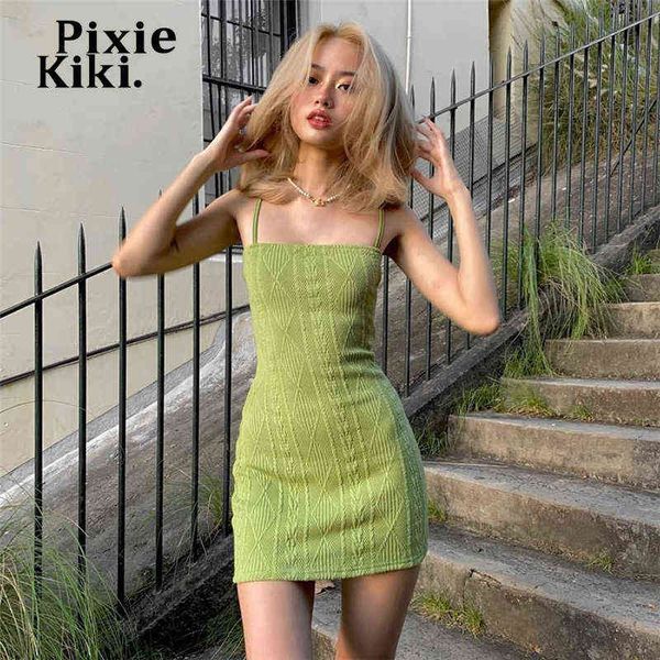 

jacquard knitted spaghetti strap bodycon dress green brown fairy grunge mini dresses 2022 clubwear p94-bd20 y220304, Black;gray