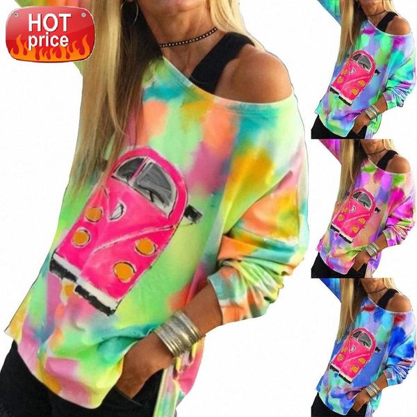

plus size women long sleeve one shoulder colorful print loose t-shirt women tshirt cotton casual t-shirt lady girl #es5l, White