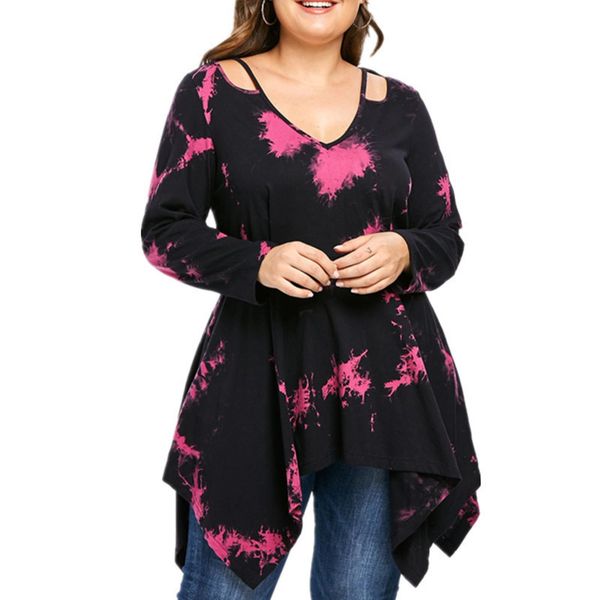 

v-neck print long sleeve hem irregular large women's dress, Black;gray