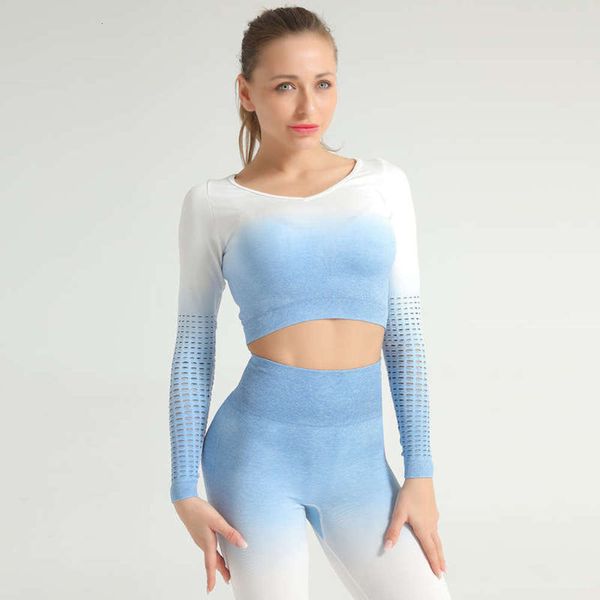 

long suit seamless sleeve t-shirt yoga women's knitted hanging dye hollowed out elastic exercise clothes, Gray