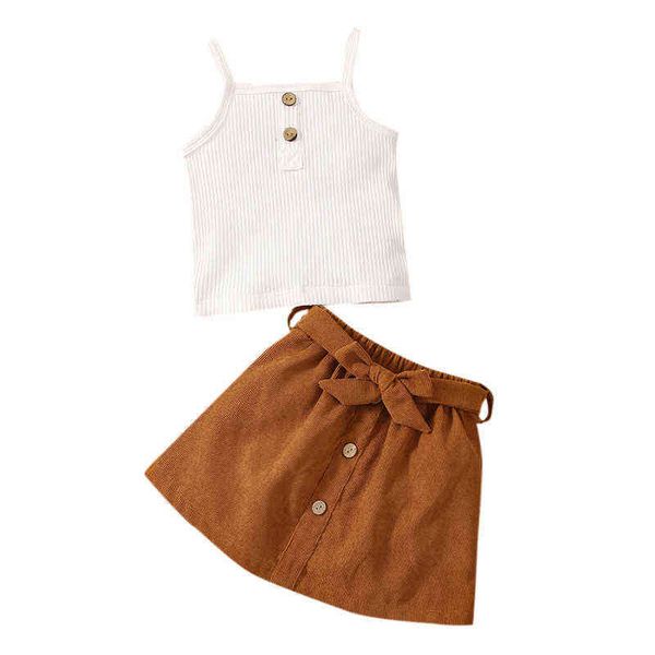 

2pcs outfits baby girls summer clothing solid color buttons ribbed sling straps and belted waist skirt set for children g220217, White