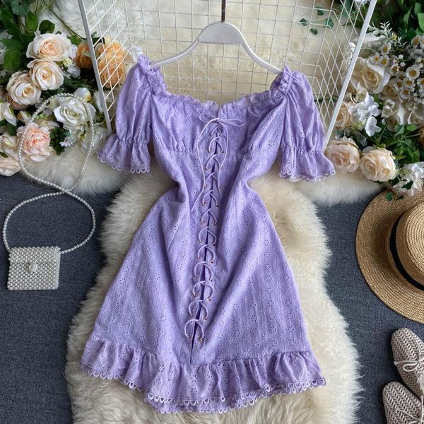 

women 2021 new chic purple short dress retro square collar puff sleeve drawstring dress fashion korean streetwear dress, Black;gray