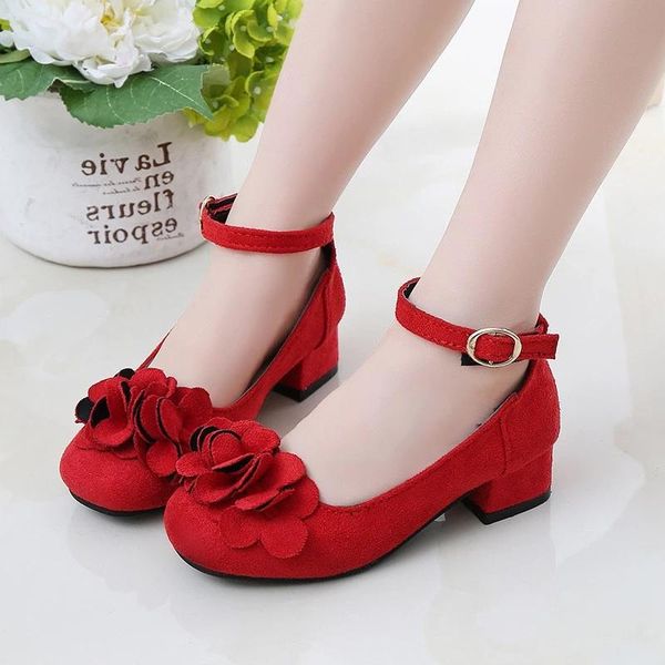 Pink Red Black Big Girls Leather Shoes For Kids High Heeled Girls
