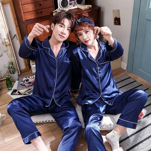 

lovers pajamas suit satin nightwear pyjamas suit sleepwear silky sleep set loose 2pcs pants for couple softy home clothing 210203, Black;red