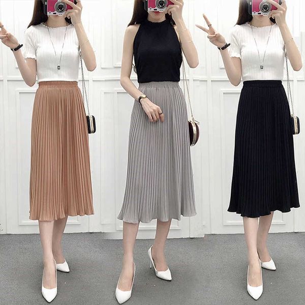 

spring 2021 long pleated skirts womens summer casual women skirt high waist elascity party skirt streetwear, Black