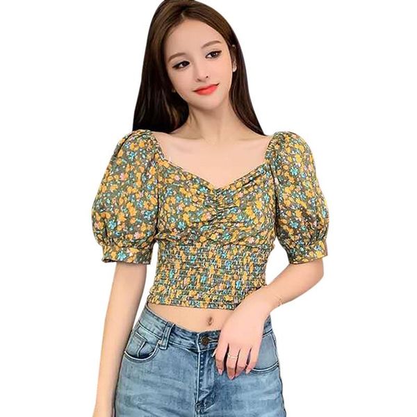 

women's summer shirt fashion floral print square collar sweet puff casual short-sleeved sleeve chiffon blouse, White