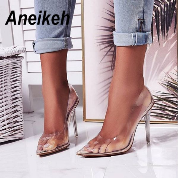 

aneikeh 2020 concise fashion pvc woman transparent sandals thin high heels shoes pointed toe pumps slip on solid apricot 35-42 y200702, Black