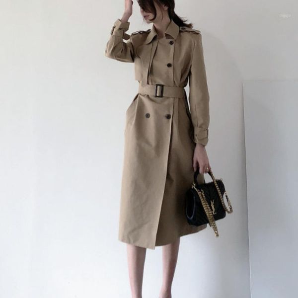 

ewq] korean style chic 2020 autumn new turn-down collar double-breasted belt waist slim knee-length windbreaker zt8851, Tan;black