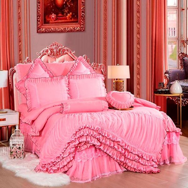 

bedding sets 4/6/10pcs multi layers ruffles lace princess pink red wedding set  king size duvet cover bed skirt pillowcases