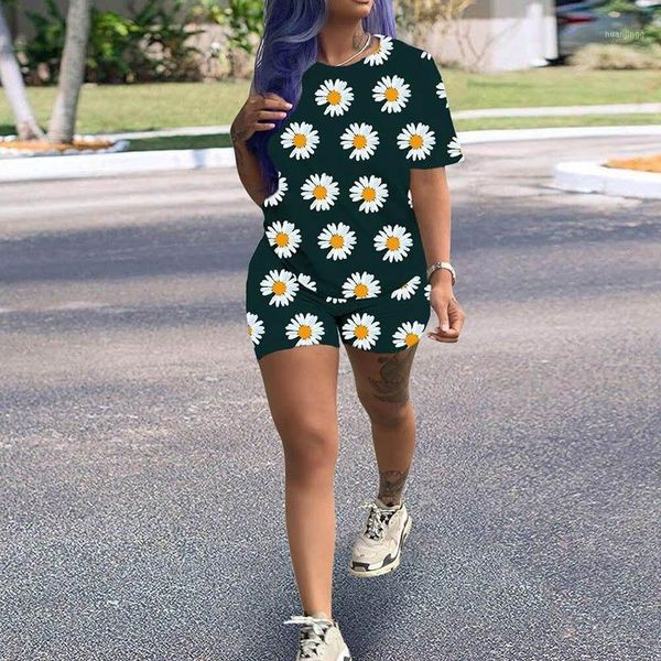 

o-neck daisy print women's tracksuit set short sleeve t-shirts female suit 2020 daisy shorts ladies suit 2 pieces sets1, Gray