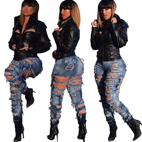 

hsf2272 washed hole slim stretch denim leggings, Blue