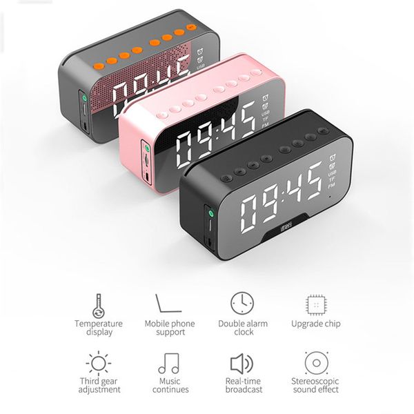 

led alarm clock with fm radio wireless bluetooth speaker mirror display support subwoofer music snooze desktable clock