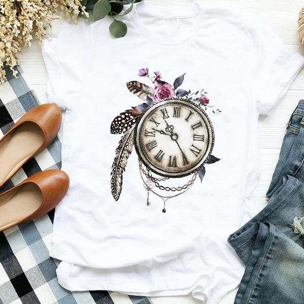 

women lady feather vintage floral summer autumn 90s print t tee womens tshirt for female shirt clothes graphic t-shirt, White