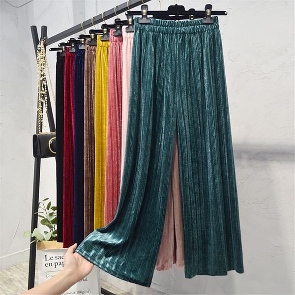 

big size women gold velvet pants western style wide leg pant autumn lady long pleated trousers high waist pants pd175, Black;white