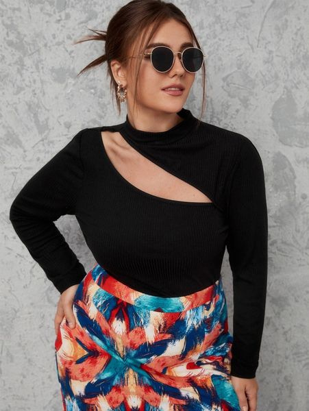 

x srv plus cutout mock neck tee e8z1#, Black