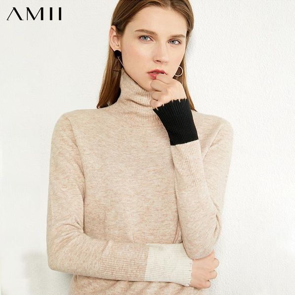 

amii minimalism autumn winter women's sweater fashion spliced turtleneck sweater causal woolen female pullover 120406721, White;black