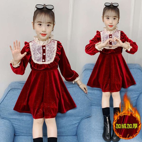 

drs autumn winter 2020 new korean girls' with plush and thick long sve veet children's princs skirt, Red;yellow