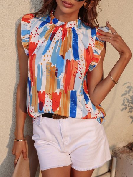 

frill neck allover print blouse o8f6#, White