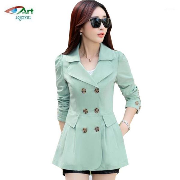 

autumn new spring long-sleeved slim jacket female large size double breasted thin section was thin autumn windbreaker coat as6181, Tan;black