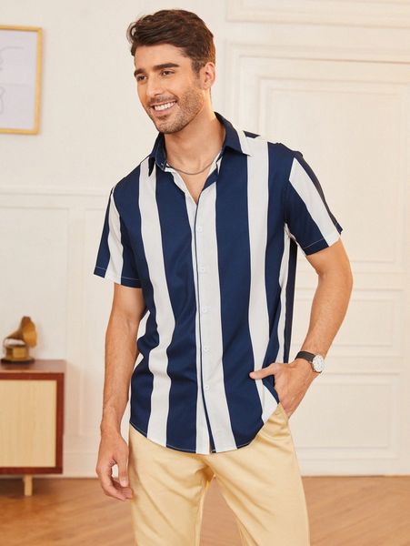 

men striped button front curved hem shirt s07f#, White;black