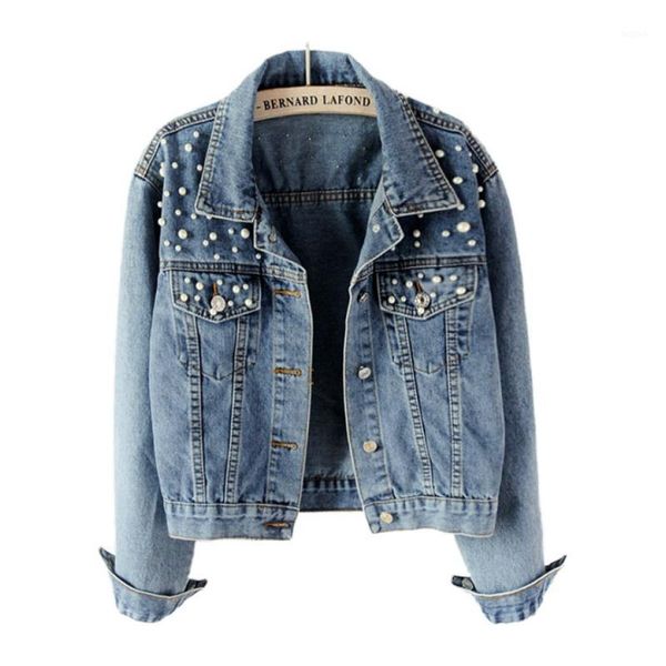 

women's short denim jacket 5xl oversized jean jacket pearl beading pocket outerwear ladies streetwear coats female denim jackets1, Black;brown