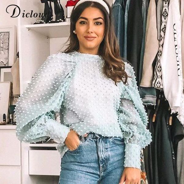 

dicloud women blue dot fashion blouses and shirts see through long sleeve oversize high neck elegant ladies1, White