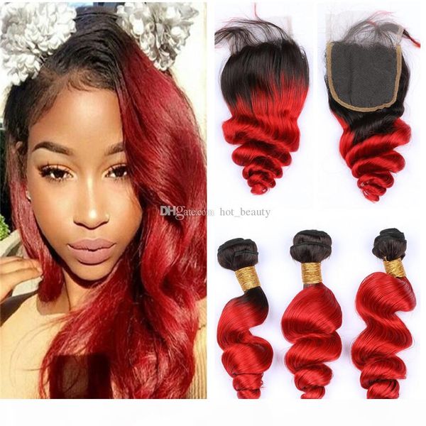 

ombre red brazilian hair bundles with closure 2 tone 1b red loose wave hair closure and bundle deals red ombre human hair weaves, Black
