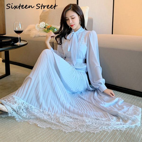 

2021 new spring dressed as woman blue light chiffon long bow collared elegant party plied dress female runway design q1wl, Black;gray