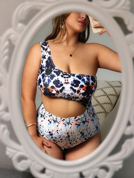 

plus allover print one shoulder one piece swimsuit s0dt#, Black