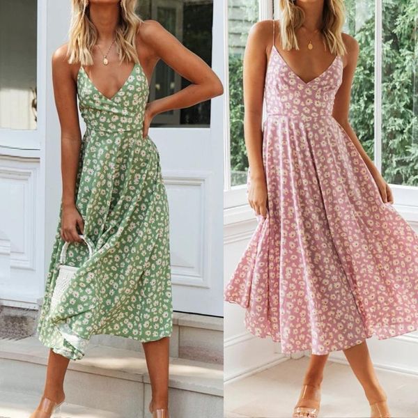 

fashion women dress summer bohemian sleeveless floral print v neck split ruffle beach long dress dresses ropa mujer l421, Black;gray