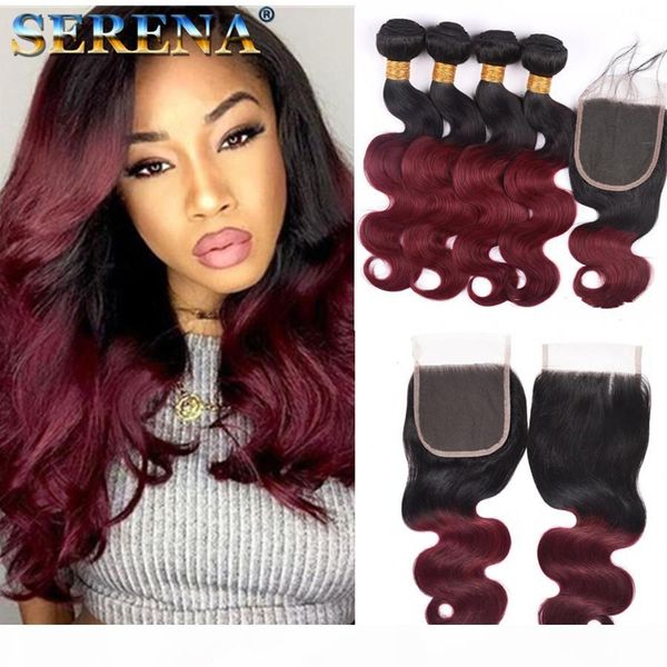 

dark root ombre 1b 99j burgundy two tone human hair weft bundles with 4x4 lace closure wine red ombre hair weaves with baby hair closure, Black;brown