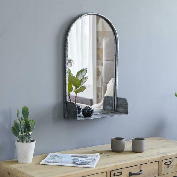 

24"h wall hanging mirror rustic metal frame arched with shelf wall decorative