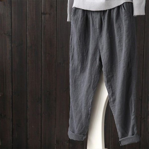 

women harem pants zanzea 2020 cotton linen elastic waist solid basic pantalon women pockets belt casual simple retro trousers, Black;white