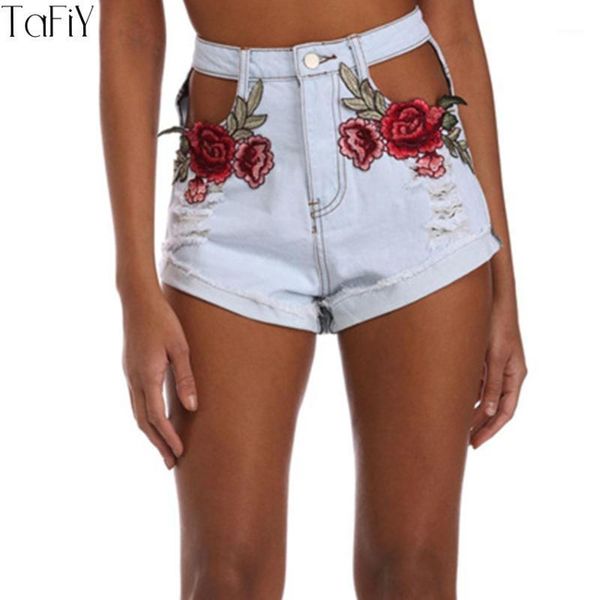 

tafiy 2020 3d rose embroidery denim shorts washed high waist jeans short women fashion cut out summer casual female cuffs shorts1, Blue