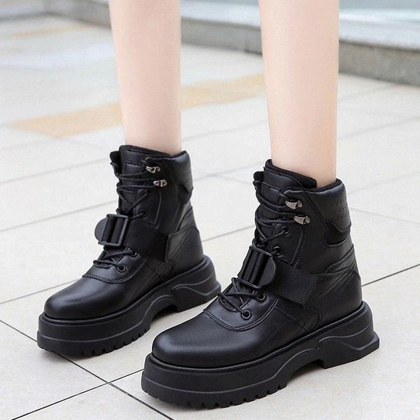 

lucyever punk buckle platform motorcycle boots women chunky heels pu leather ankle boots woman winter waterproof lace up booties #oa9x, Black