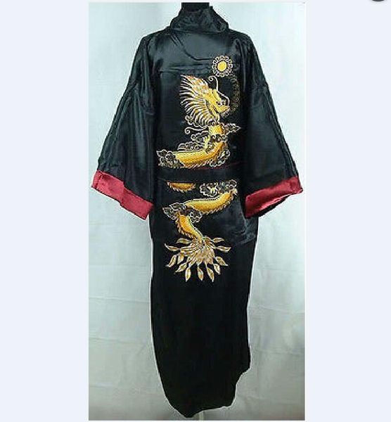 

chinese double-face men silk satin men's dragon kimono robe gown bathrobe dress, Black;brown