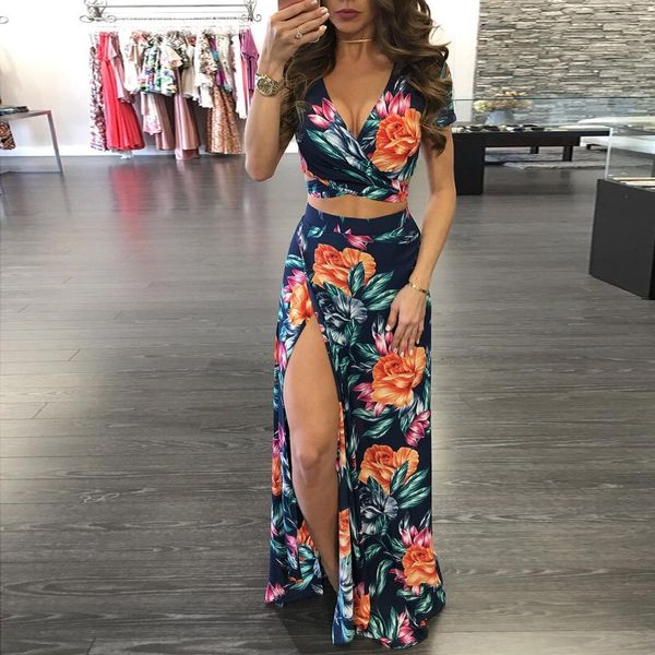 

2019 elegant women summer long skirt set bohemian style hollow out crop skirts floral print v-neck women beach dress, Gray