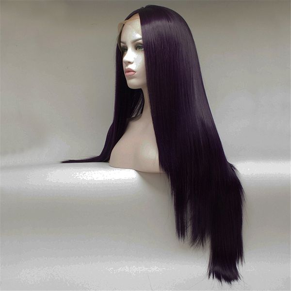

dark purple synthetic lace front wigs with baby hair silky straight natural hairline heat resistant synthetic hair wig for women, Black;brown