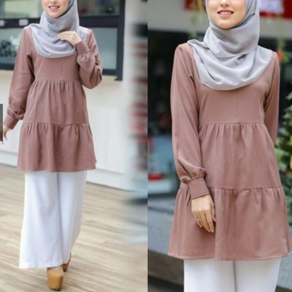

women muslim long sleeve tunic ruffles hem solid color loose shirt abaya, Red