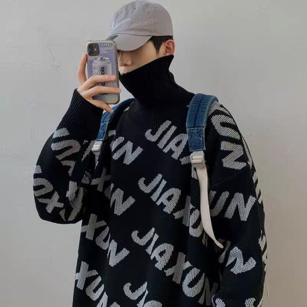 

turtleneck sweater men's autumn and winter korean trend loose lazy thread clothes handsome personality letter sweater, White;black