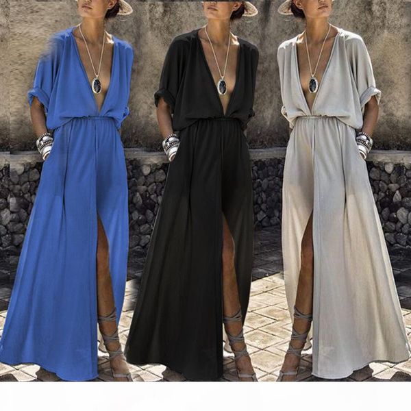 

maxi long linen kimono dress with elastic waist fit and flare summer dress deep v neck slit fashion loose linen dress, Black;gray