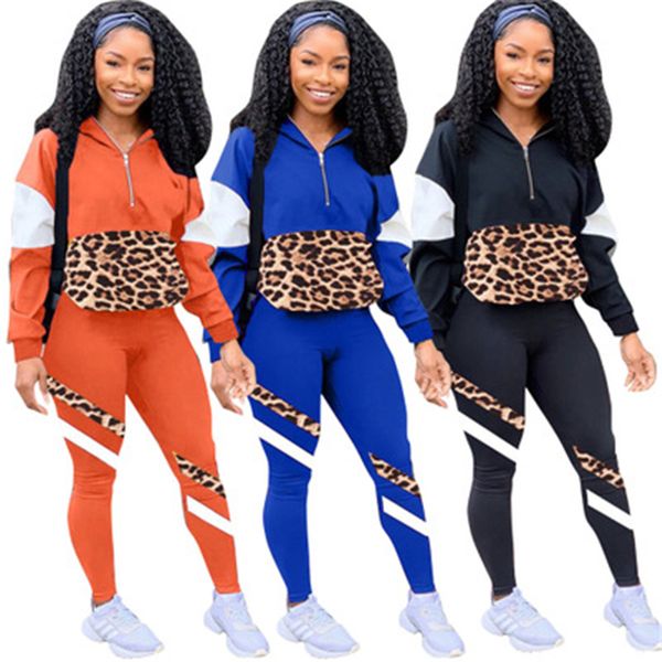 

women leopard splicing 2pcs sets fashion trend long sleeve zipper hooded pants sport suits designer female spring new casual tracksuits, Gray