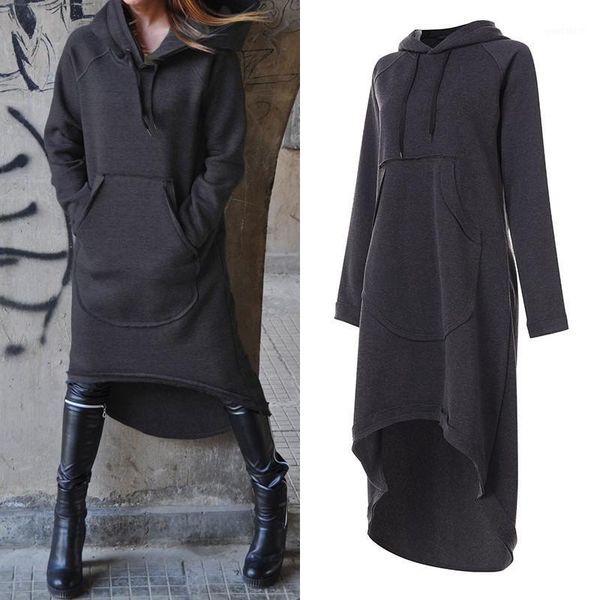 

plus size women's sweatshirts midi hoodies dress 2020 zanzea irregular vestidos female long sleeve casual hooded pullovers 5xl1, Black